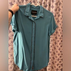 Wildfang Empower Short Sleeved button up in blue with red flower trim